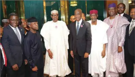  ??  ?? L-R: NBA General Secretary, Aare Isiaka Olagunju, Vice-President Yemi Osinbajo, SAN, President Muhammadu Buhari, NBA President, A B Mahmoud, SAN, Chief of Staff to the President, Mr. Abba Kyari, Secretary to Government of the Federation, Mr. Mustapha...