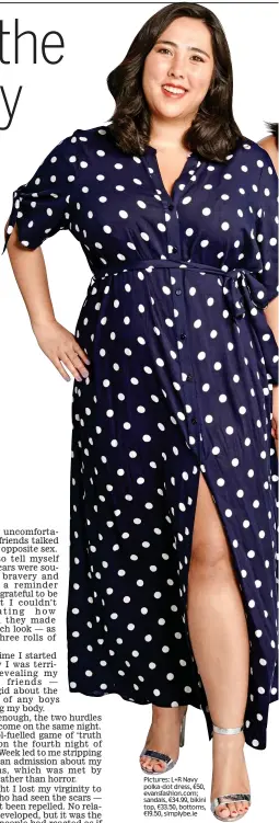  ??  ?? Pictures: L+R Navy polka-dot dress, €50, evansfashi­on.com; sandals, €34.99, bikini top, €33.50, bottoms, €19.50, simplybe.ie