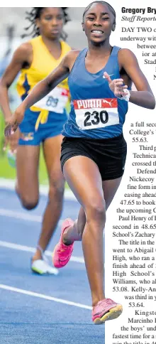  ?? ?? Hydel High School’s Nastassia Fletcher grimaces as she runs away with the under-17 girls’ 400 metres at the Carifta Trials inside the National Stadium yesterday.