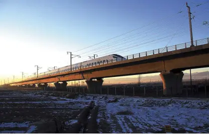  ?? Xinhua/Chen Li ?? File photo taken on Jan. 3, 2015 shows a high-speed train running through the Hexi Corridor in Zhangye City, northwest China’s Gansu Province.