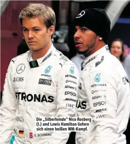  ??  ?? Die „Silberfein­de“Nico Rosberg (l.) und Lewis Hamilton liefern sich einen heißen WM-Kampf.