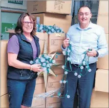  ??  ?? Shirley Murphy from InDeserve (left) and Hamilton Christmas Charitable Trust chair Simon Scott with the new lights.