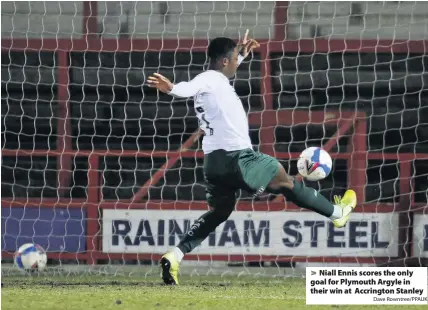  ?? Dave Rowntree/PPAUK ?? Niall Ennis scores the only goal for Plymouth Argyle in their win at Accrington Stanley