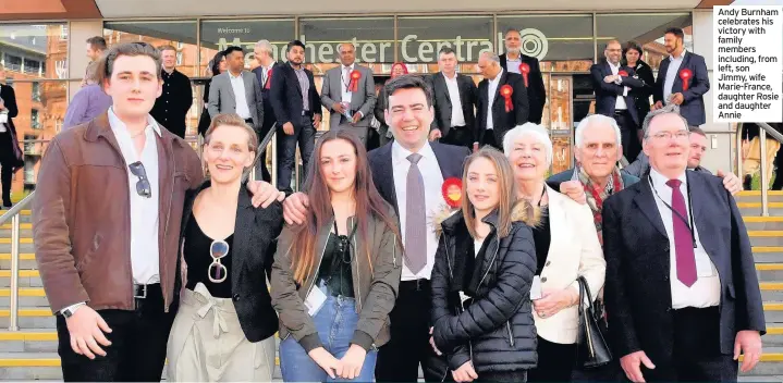  ??  ?? Andy Burnham celebrates his victory with family members including, from left, son Jimmy, wife Marie-France, daughter Rosie and daughter Annie