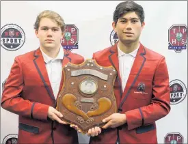  ??  ?? Te Puke High School First XV vice captain Jack Hollinshea­d (left) and captain Zac Proctor with the Te Kani Shield.