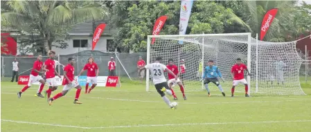  ?? Photo: Peni Komaisavai ?? Team Fiji men’s football defender Kolinio Sivoki attempts to kick for goal against New Caledonia at the Port Vila Stadium, Vanuatu on December 15, 2017.