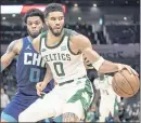  ?? JACOB KUPFERMAN — THE ASSOCIATED PRESS ?? Hornets forward Miles Bridges guards Celtics forward Jayson Tatum, who had a season-high 41 points Monday.