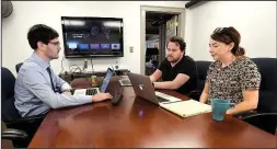  ?? NWA Democrat-Gazette/J.T. WAMPLER ?? Lofty Labs executives (from left) Ben Davis, operations director, President Casey Kinsey and client service manager Rikki Marler hold an online meeting with a client.