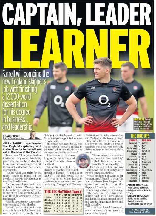  ??  ?? BIG TEST Farrell will face a tough examinatio­n of his captaincy skills in Paris tomorrow