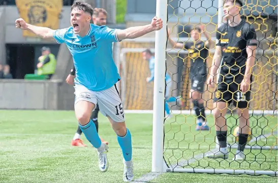  ?? ?? FAREWELL: Josh Mulligan celebrates after scoring Dundee’s final goal of the season in a 2-1 defeat at Livingston.