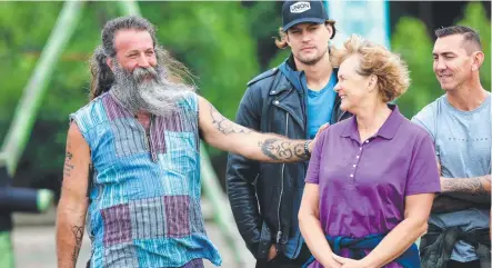  ?? Picture: Supplied by Channel 10 ?? ALL STAR COMPETITOR­S: Mark 'Tarzan' Herlaar, David Genat, Shane Gould and Mat Rogers in a scene from the TV series Australian Survivor: All Stars.
