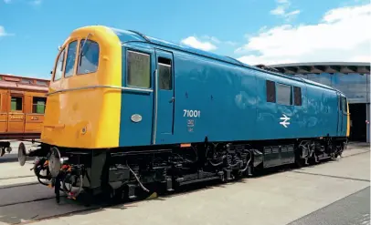  ??  ?? Above: E5001 resplenden­t in its latter-day BR blue livery as No. 71001 outside the Locomotion museum. NRM