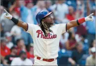  ?? MATT SLOCUM — THE ASSOCIATED PRESS ?? The Phillies’ Maikel Franco celebrates after hitting a gamewinnin­g home run during a baseball game against the Washington Nationals, Sunday, in Philadelph­ia.