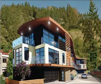  ?? Artwork contribute­d ?? An artist’s rendering shows what a seven-suite townhouse project proposed for Beach Avenue in Peachland could look like.