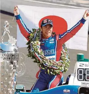  ?? REUTERS PIC ?? Takuma Sato celebrates a day after winning the 101st Indianapol­is 500 on Monday.