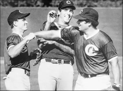  ?? Tommy Barrett ?? Former Rancho High star Tommy Barrett, left, and Jim Deshaies, center, share a laugh with Pete Dalena during their days with the Columbus Clippers, a New York Yankees farm club. Deshaies credited Barrett during a TV broadcast for his role in a rare obstructio­n play in the minors.