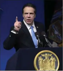  ??  ?? New York Gov. Andrew Cuomo delivers his State of the State address and executive budget proposal at the Hart Theatre on Jan. 15in Albany, N.Y. AP PHOTO/ HANS PENNINK