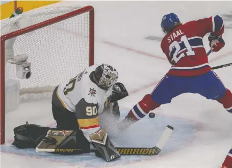  ?? DAVE SIDAWAY ?? Montreal Canadiens centre Eric Staal couldn't get the puck past Vegas Golden Knights goalie Robin Lehner in Game 4 of the Stanley Cup semifinals at the Bell Centre in Montreal Sunday evening. Other than Paul Byron on a breakaway, neither could anyone else in a 2-1 Vegas victory.