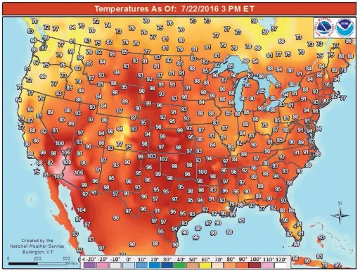  ?? ASSOCIATED PRESS ?? This image provided by the National Weather Service shows temperatur­es in the continenta­l United States as of 3 p.m. on Friday, July 22, 2016. The weather service outlook for the following three months shows above-normal temperatur­es across the country.