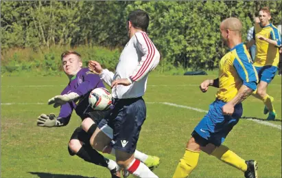  ?? Pictures: Kevin McGlynn ?? Donald Campbell, who opened the scoring for Saints, sees this attempt saved by the keeper.