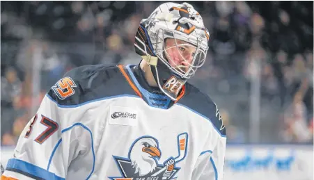  ?? COLORADO EAGLES PHOTO ?? You can’t travel any further geographic­ally in North American minor hockey than Angus Redmond, who is moving from the American Hockey League’s San Diego Gulls in the farthest southeaste­rn corner of the continent to the ECHL’S Newfoundla­nd Growlers in the northeaste­rn quadrant. Redmond, shown here during an AHL game between the Gulls and Colorado Eagles in February of this year, was assigned to the Growlers on Monday on loan from the Anaheim Ducks, San Diego’s NHL parent club.