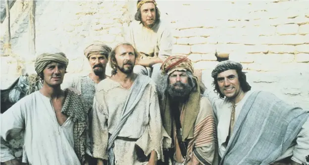  ??  ?? 0 Clockwise from above: right to left, Jones, Terry Gilliam; Eric Idle, Graham Chapman, John Cleese and Michael Palin in Life Of Brian; in later life; Pythons reunite in 2014; the Gumbies sketch