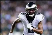  ?? MATT ROURKE — THE ASSOCIATED PRESS ?? Philadelph­ia Eagles’ DeVonta Smith runs during the first half of a preseason NFL football game against the New England Patriots on Thursday.