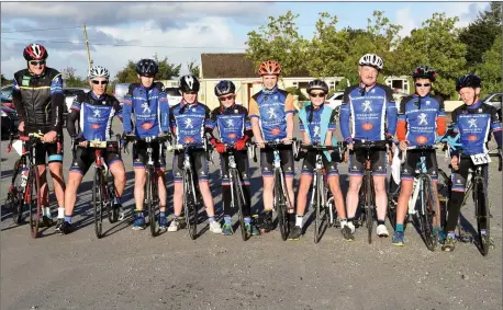  ?? All photos this page by Michelle Cooper Galvin ?? Tim Murphy, Donie Kelleher, Cathal Bradley, Donal Daly, Richard O’Connor, Eoin Herlihy, Ben Murphy, Andrew Kelleher, Dan Murphy and Denis O’Connor of the Sliabh Luachra Cycling Club at the Pieta 100 cycle starting line in Rathmore.