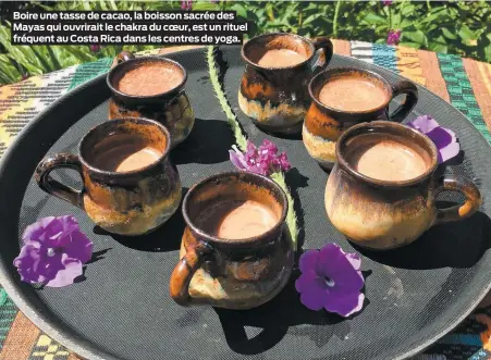  ??  ?? Boire une tasse de cacao, la boisson sacrée des Mayas qui ouvrirait le chakra du coeur, est un rituel fréquent au Costa Rica dans les centres de yoga.