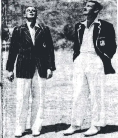  ??  ?? CHALLENGIN­G ENCOUNTER: Queensland Country captain Tom Allen and West Indies skipper John Goddard at the coin toss before the West Indies v Queensland Country XI match in Townsville in 1951.