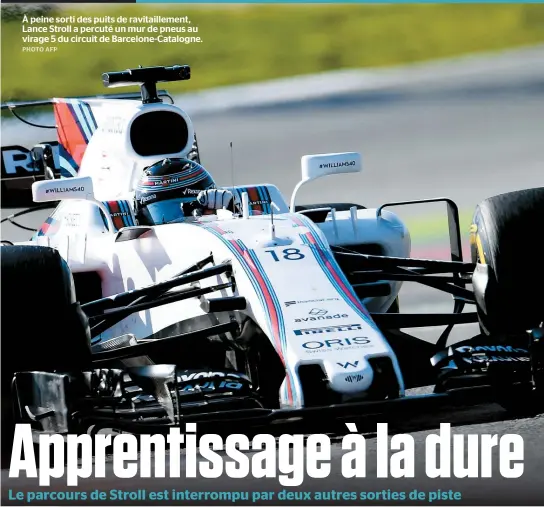  ??  ?? À peine sorti des puits de ravitaille­ment, Lance Stroll a percuté un mur de pneus au virage 5 du circuit de Barcelone-Catalogne.