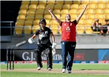  ?? GETTY IMAGES ?? England’s Katherine Brunt celebrates the wicket of Amy Satterthwa­ite as the White Ferns crashed to another defeat.