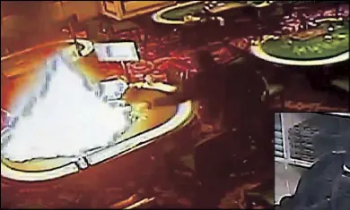  ??  ?? Images from CCTV footage presented by Resorts World Manila security officers and the PNP yesterday show the gunman setting fire to a gambling table (above); inside one of the storage rooms stealing casino chips (right) and at the stairwell with blood...