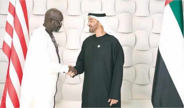  ?? WAM ?? Mohamed Bin Zayed receives President George Weah of Liberia to discuss enhancing cooperatio­n as well as issues of mutual interest.