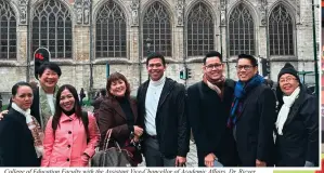  ?? ?? College of Education Faculty with the Assistant Vice-chancellor of Academic Affairs, Dr. Ricver Ureta and President and Chancellor, Br. Joaquin Severino Martinez FSC during the Project FORTH presentati­on in the European Commission in Brussels, Belgium