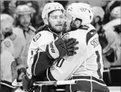  ?? MARK HUMPHREY/AP ?? Predators C Colton Sissons, right, gets congratula­ted by Calle Jarnkrok after scoring his third goal Monday night.