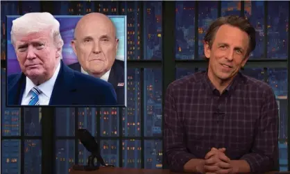  ??  ?? Seth Meyers on the reported falling out between Trump and personal lawyer Rudy Giuliani: ‘Impeachmen­t was great, but there really is no more perfect way for this to end than Trump stiffing Rudy.’ Photograph: YouTube