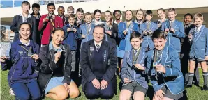  ?? Picture: WERNER HILLS ?? BRIGHT BUNCH: The winners of gold medals at the Eskom Expo for Young Scientists are, front from left, Dina Levin, 13, of Theodor Herzl, Allison Derrocks, 17, of Collegiate High School, Caroline Boschoff, 16, of Cape Recife, and Daniel Holmes, 13, and...