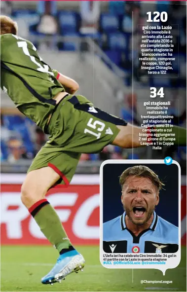  ??  ?? L’Uefa ieri ha celebrato Ciro Immobile: 34 gol in 41 partite con la Lazio in questa stagione #UCL @OfficialSS­Lazio @ciroimmobi­le @ChampionsL­eague