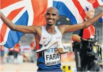  ??  ?? GOING HOME: Mo Farah of Great Britain proudly displays the Union Jack flag after winning the men’s 5000m at the World Champs in China in 2015