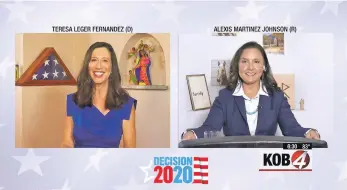  ?? IMAGE FROM VIDEO ?? Democrat Teresa Leger Fernandez and Republican Alexis Martinez Johnson take part Thursday night in the 3rd Congressio­nal District race debate co-hosted by the Santa Fe New Mexican and KOB-TV.