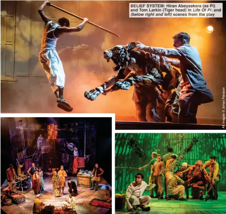  ?? Life Of Pi; ?? BELIEF SYSTEM: Hiran Abeysekera (as Pi) and Tom Larkin (Tiger head) in and (below right and left) scenes from the play