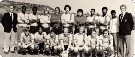  ?? ?? The Cat… Jeff (5th from left - back row), with the SWA Currie Cup team 1979. Standing from left: Harold Hanssen (d+), Joseph Eiseb (d+), Alpheus Gaweseb, Don Rentzke, Jeff Marting, Ronnie Dagnin, Jimmy Orchard, William Rwida, Doc Naobeb (v/capt), Hassie Mingeri (d+) and Vic Locell (coach - d+). Squatting from left: Bobby Craddock, Stu Damaseb, Peter Keigher, Ian Wood (capt), Hasso Ahrens, Reinhardt Egner and George Hill (d+).