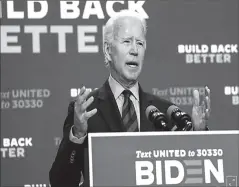  ?? WILMINGTON
-REUTERS ?? Joe Biden, Democratic US presidenti­al nominee, speaks in Wilmington, Delaware.