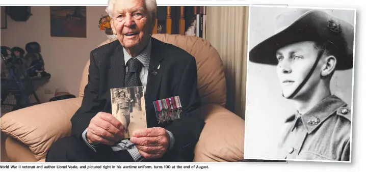  ??  ?? World War II veteran and author Lionel Veale, and pictured right in his wartime uniform, turns 100 at the end of August.