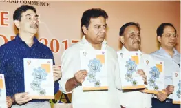  ?? — DECCAN CHRONICLE ?? Minister K.T. Rama Rao along with other senior officials release the Annual report of the industries department in Hyderabad on Monday.