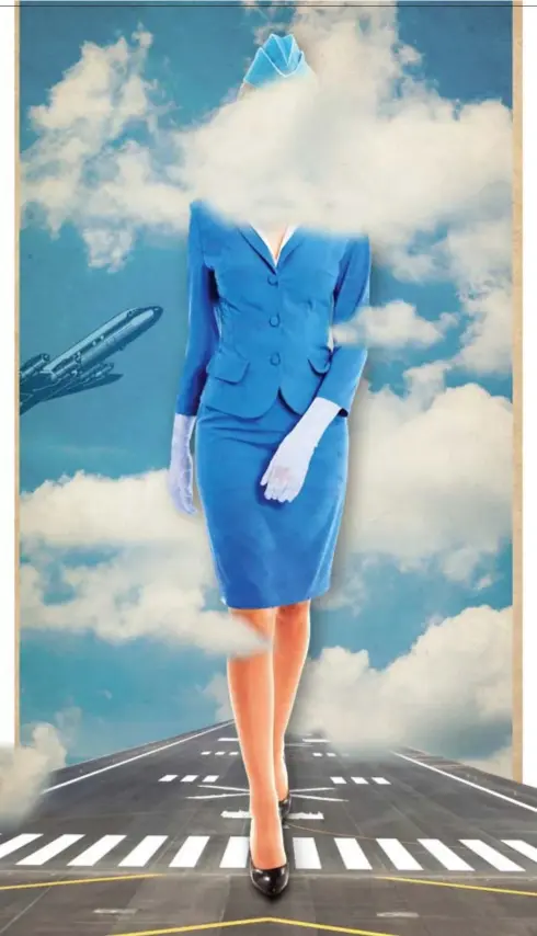  ?? © Stephanie Verbraekel ?? Een stewardess leeft met haar hoofd in de wolken, maar houdt tegelijk de voeten op de grond.