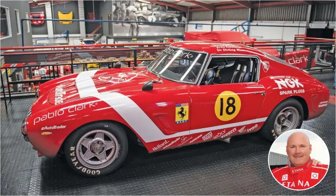  ?? Picture: Michel Bega Picture: Paul Bedford ?? REALLY VALUABLE. This Ferrari 250 GTM, built in 1961, was rebodied to short-wheelbase configurat­ion, has a V12, 3.0-litre engine and is worth a brain-freezing amount of money. It is regularly taken on to the track by the Pablo Clark drivers. Inset: STILL A RACER. The boss dons a fire suit and plays.