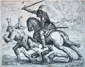  ?? FOTO: KUNSTSAMML­UNG DER FÜRSTEN VON WALDBURG-WOLFEGG ?? „Der geharnisch­te Reiter“von Hans Ulrich Franck aus dem Jahr 1643 stammt aus einem der bekanntest­en Grafik-Zyklen des Dreißigjäh­rigen Krieges.