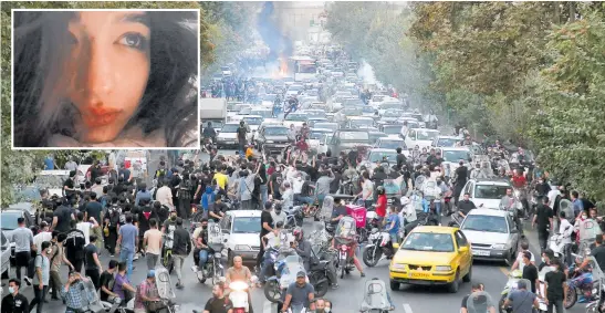  ?? Photos / New York Times, AP ?? Sarina Esmailzade­h, inset, was killed by Iranian security services in a crackdown on protests that have rocked the country for the past month.